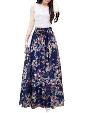Floral Print Pleated Chiffon Maxi Skirt Wrap Style Elastic Waist